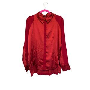 Nasty Gal Silky Deep Red Button-Up Blouse With Collar High-Low Hem